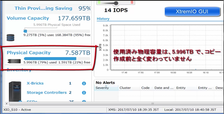 XtremIOで確認。使用ストレージの量がコピー前と変わらない