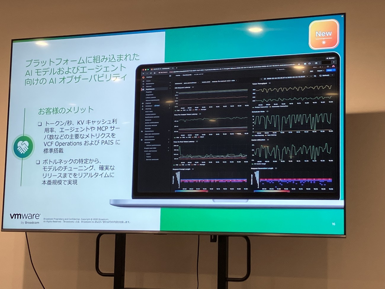 VCF OperationsおよびPAISに標準搭載されるAIオブザーバビリティ機能。1秒あたりのトークン数やKVキャッシュ利用率などの主要メトリクスを監視でき、ボトルネックの特定からモデルのチューニング、リリースまでをリアルタイムに把握できる